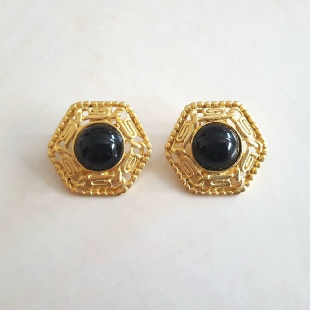 Vintage Hexagon Gold Tone Black Clip Ons